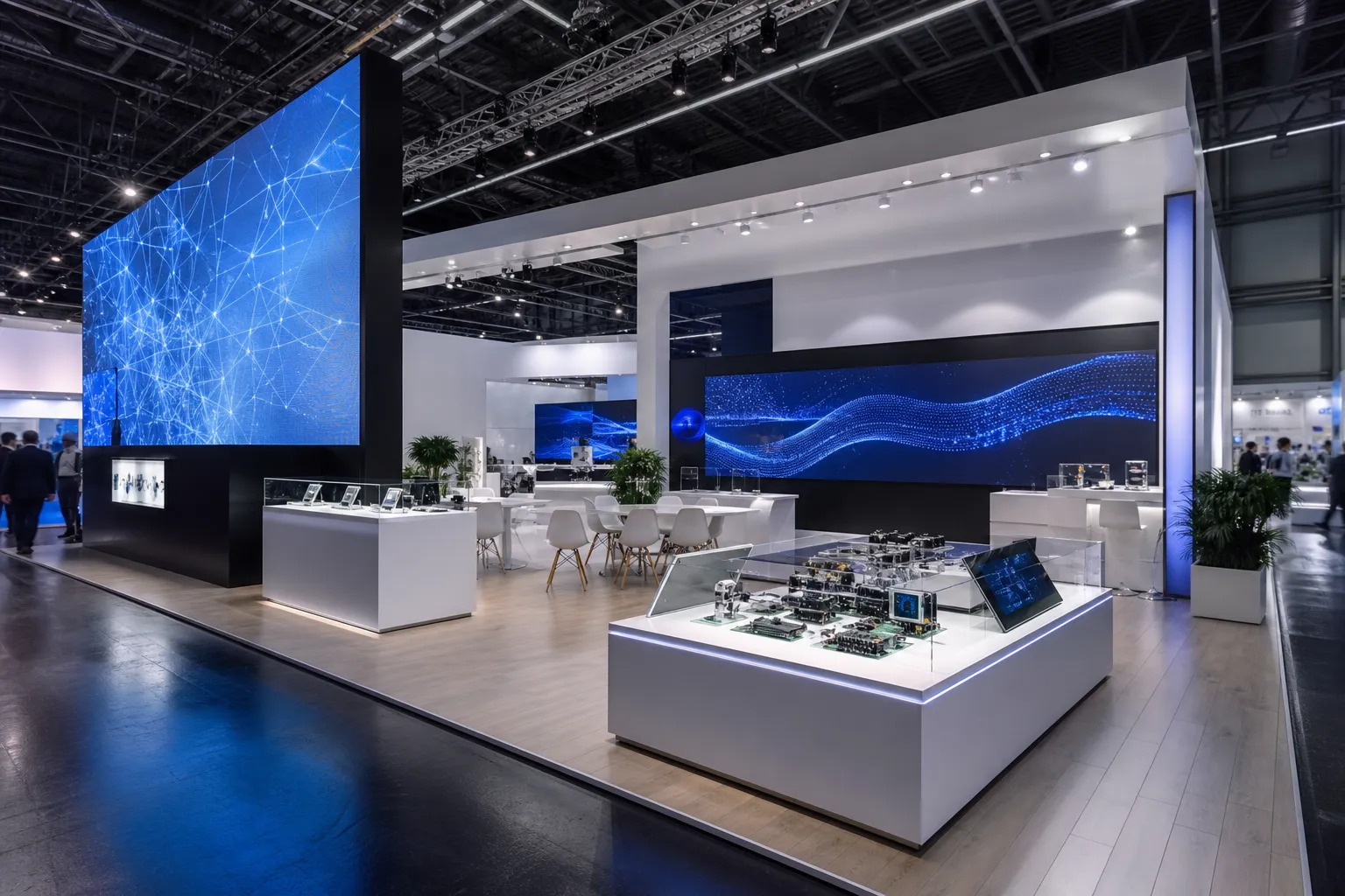 Illuminated exhibition stand with visitors